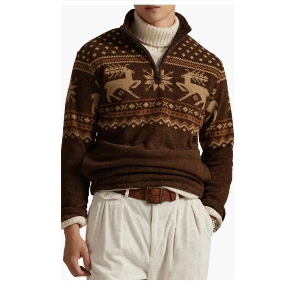 Polo Ralph Lauren Mens L Reindeer Fair Isle Fleece 1/4 Zip Pullover Brown Preppy
